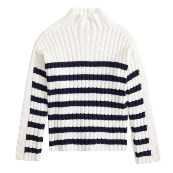 NWT Abercrombie & Fitch Medium Ribbed Mockneck Sweater - White with Navy Stripes - Picture 2 of 3